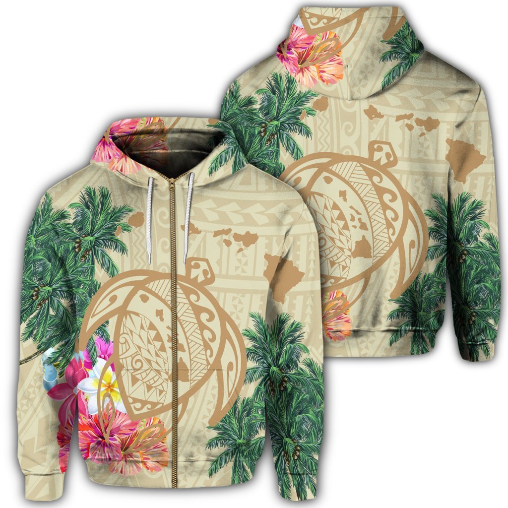 Hawaii Kanaka Maoli Polynesian Flowers Turtle Zip Hoodie Unisex Art - Polynesian Pride