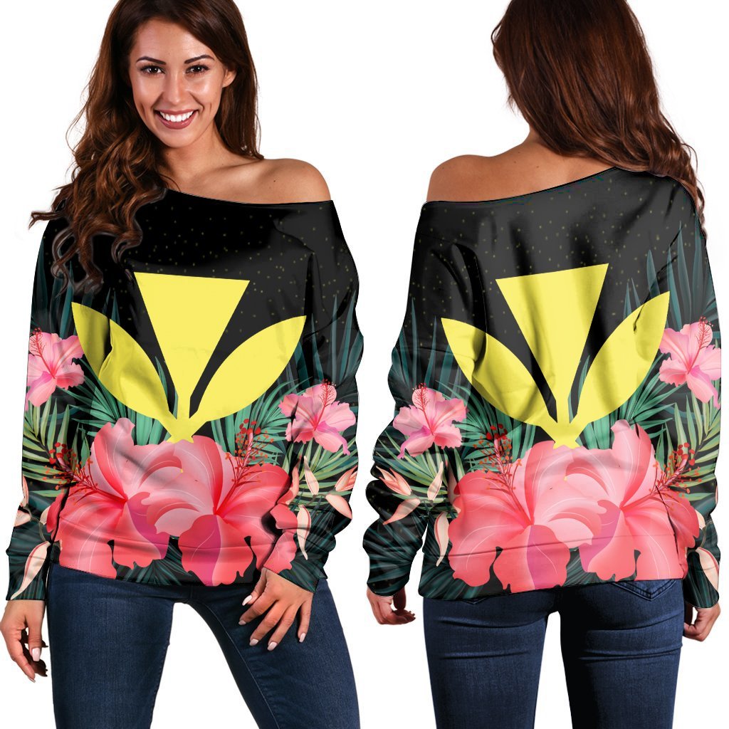 Hawaii Kanaka Tropical Hibiscus Women's Off Shoulder Sweater - AH Black - Polynesian Pride