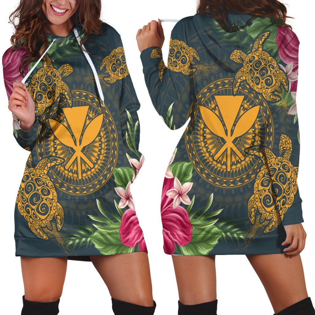 Hawaii Kanaka Turtle Hibiscus Plumerian Polynesia Hoodie Dress - Alena Style - AH Black - Polynesian Pride