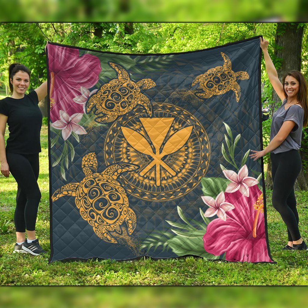 Hawaii Kanaka Turtle Hibiscus Plumerian Polynesia Premium Quilts - Alena Style - AH Black - Polynesian Pride