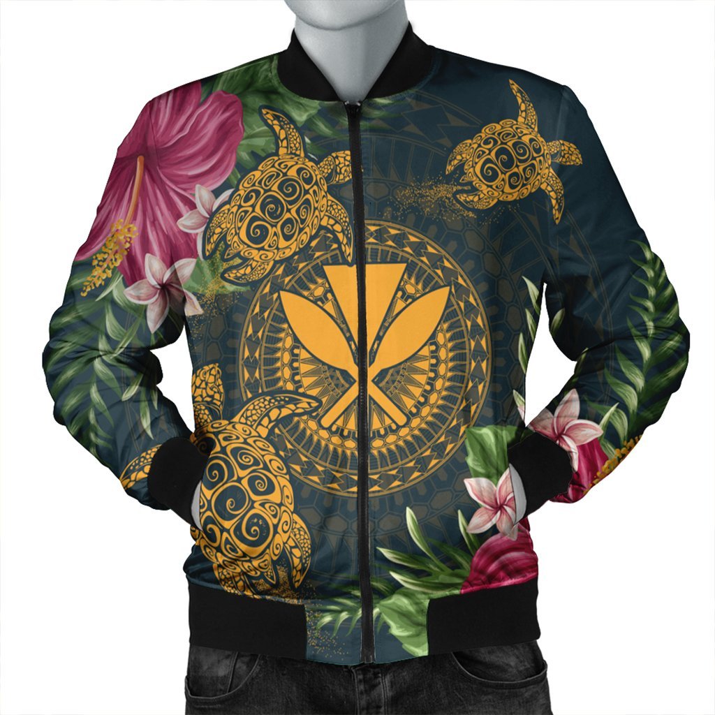 Hawaii Kanaka Turtle Hibiscus Plumerian Polynesia Bomber Jacket - Alena Style - AH Black Unisex - Polynesian Pride