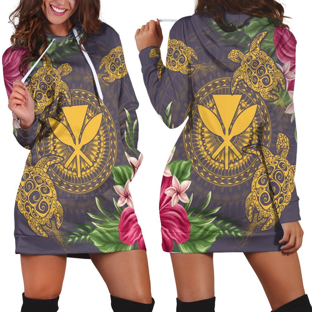 Hawaii Kanaka Turtle Hibiscus Plumerian Polynesia Hoodie Dress - Alena Style Purple - AH Black - Polynesian Pride