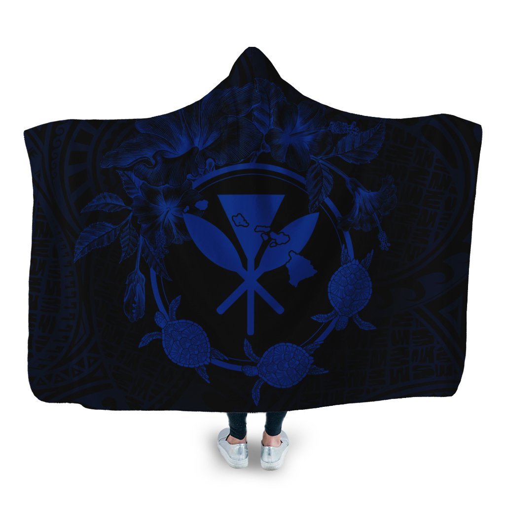 Hawaii Kanaka Turtle Hibiscus Polynesian Hooded Blanket - Anthea Style Blue - AH Hooded Blanket White - Polynesian Pride