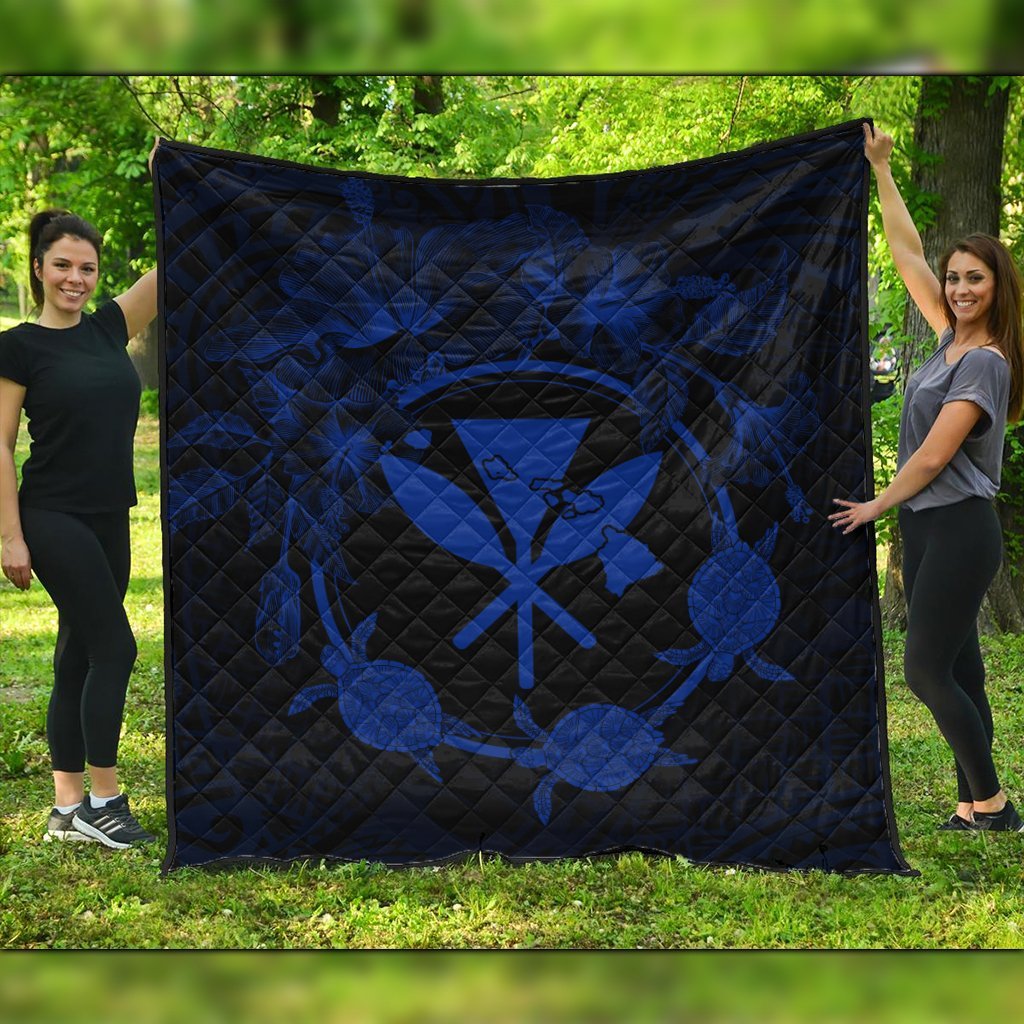 Hawaii Kanaka Turtle Hibiscus Polynesian Premium Quilts - Anthea Style Blue - AH Black - Polynesian Pride