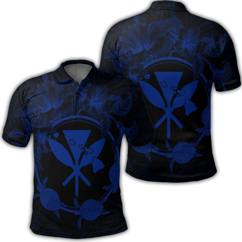 Hawaii Kanaka Turtle Hibiscus Polynesian Polo Shirt Anthea Style Blue Unisex Black - Polynesian Pride