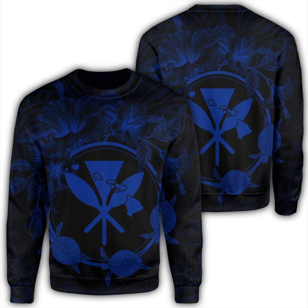 Hawaii Kanaka Turtle Hibiscus Polynesian Sweatshirt - Anthea Style Blue - AH Unisex Black - Polynesian Pride