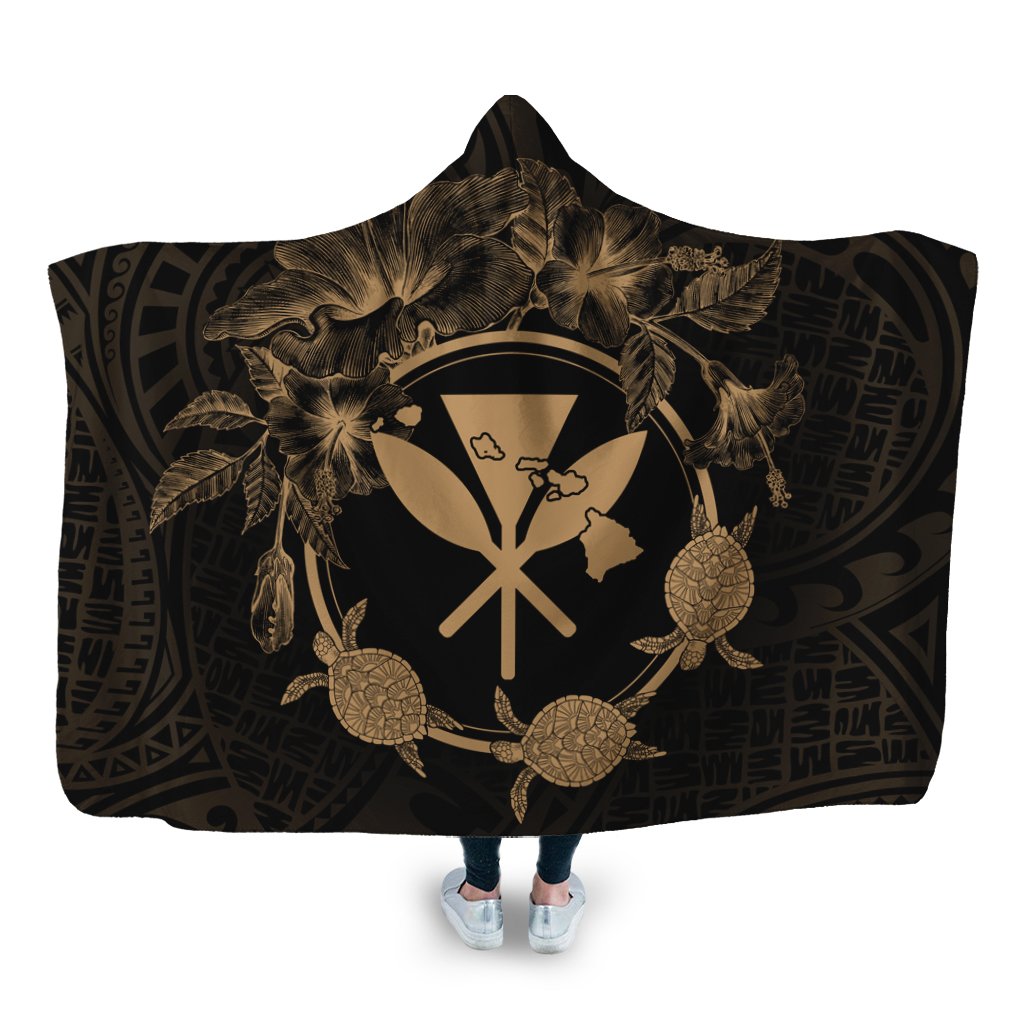 Hawaii Kanaka Turtle Hibiscus Polynesian Hooded Blanket - Anthea Style Gold - AH Hooded Blanket White - Polynesian Pride