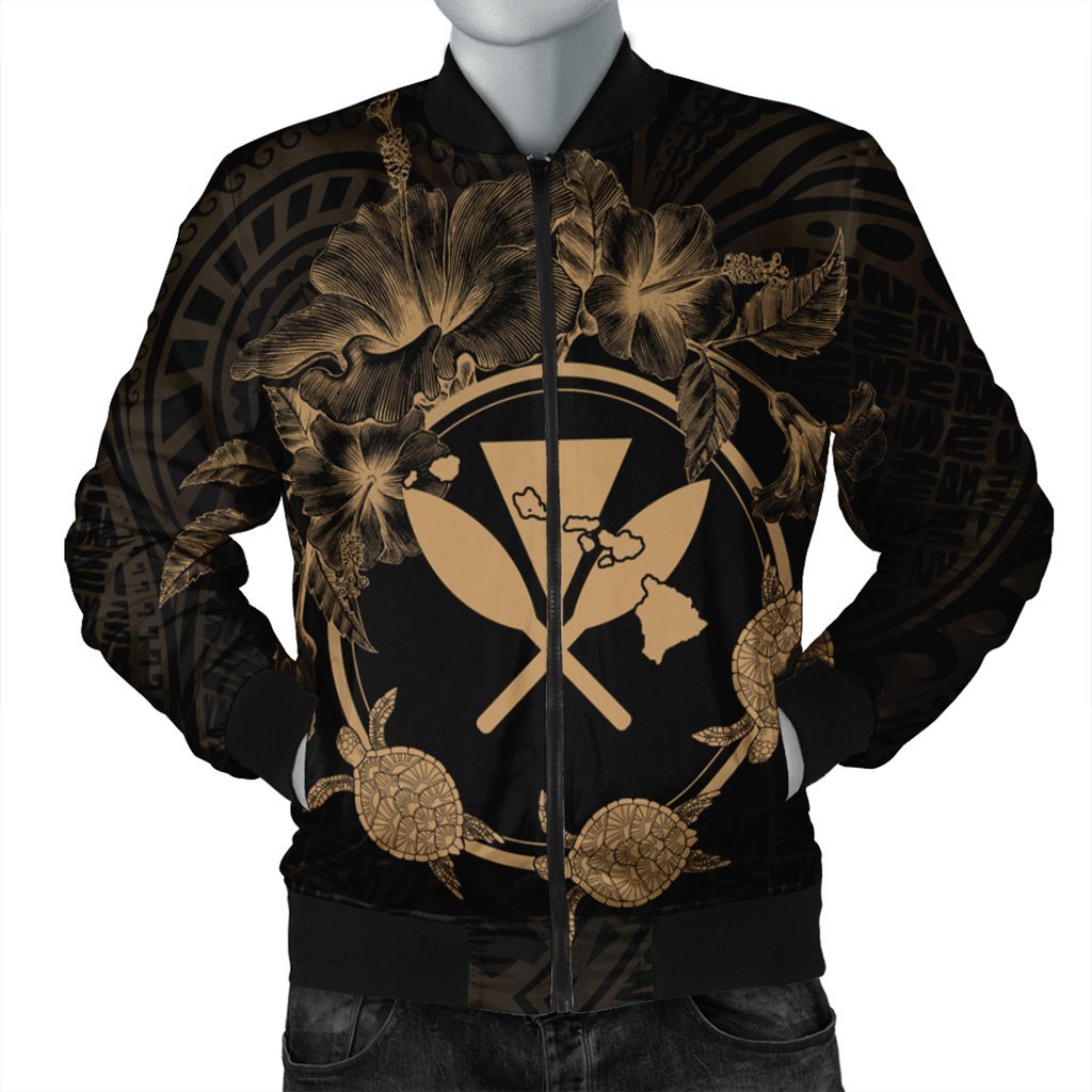 Hawaii Kanaka Turtle Hibiscus Polynesian Bomber Jacket - Anthea Style Gold - AH Black Unisex - Polynesian Pride