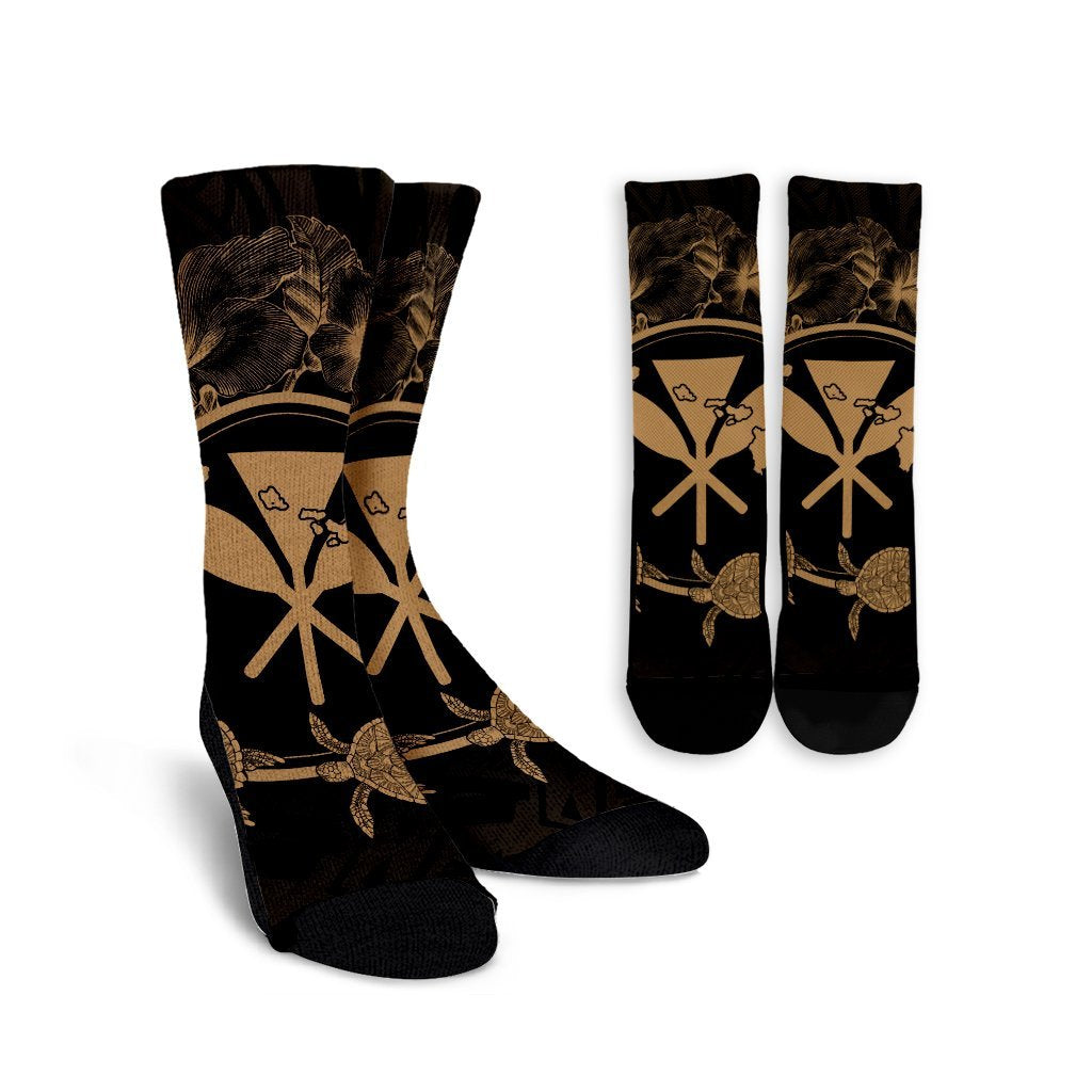 Hawaii Kanaka Turtle Hibiscus Polynesian Crew Socks - Anthea Style Gold - AH Crew Socks White - Polynesian Pride