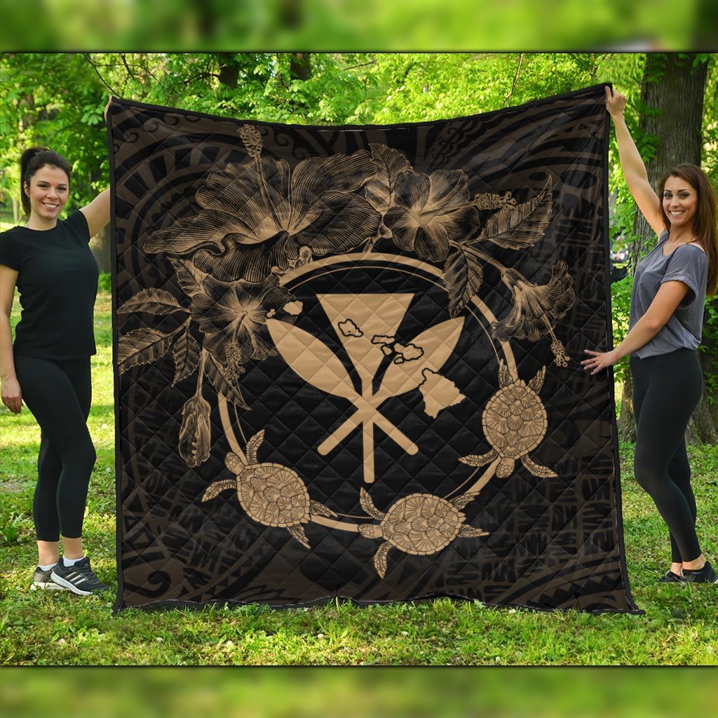 Hawaii Kanaka Turtle Hibiscus Polynesian Premium Quilts - Anthea Style Gold - AH Black - Polynesian Pride