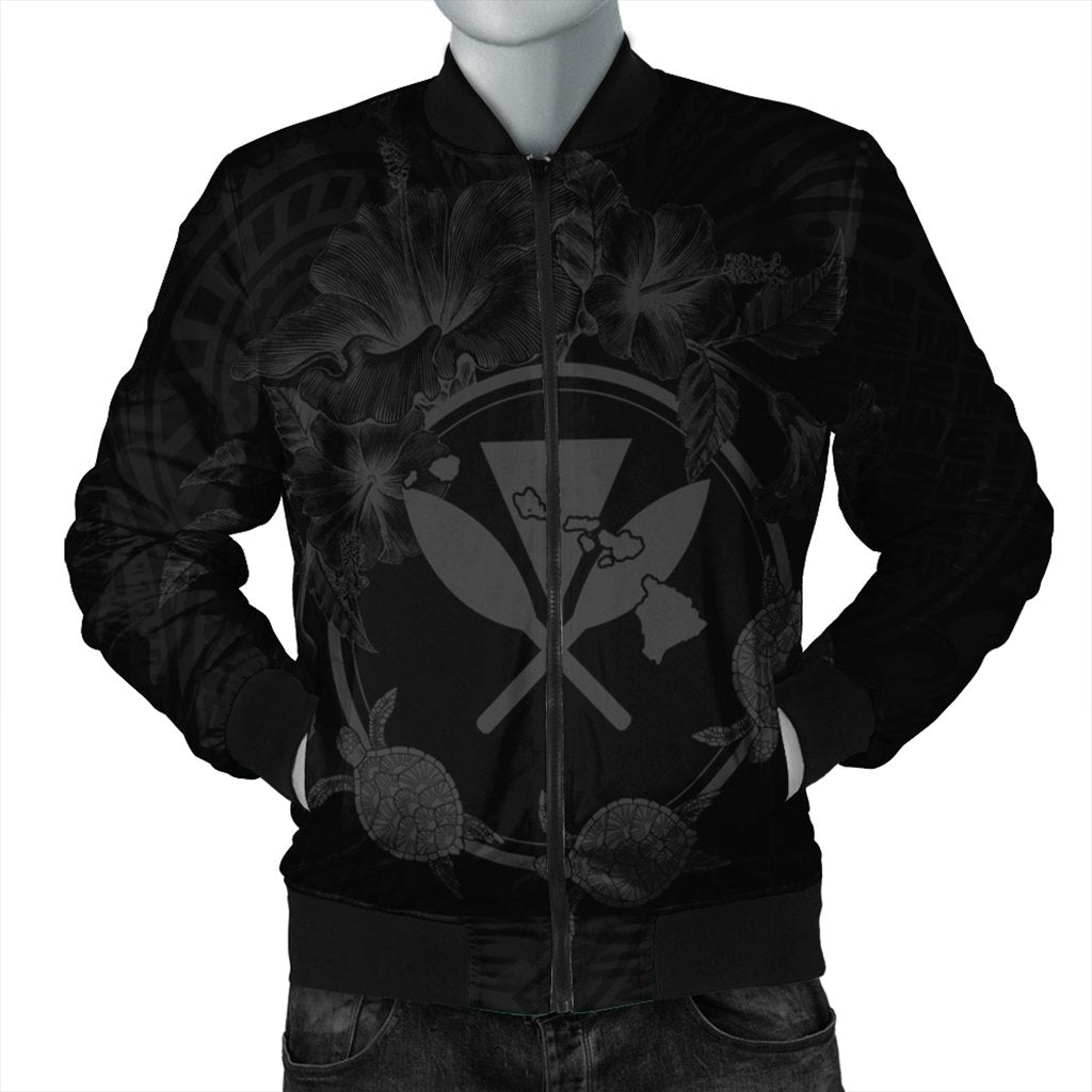 Hawaii Kanaka Turtle Hibiscus Polynesian Bomber Jacket - Anthea Style Gray - AH Black Unisex - Polynesian Pride