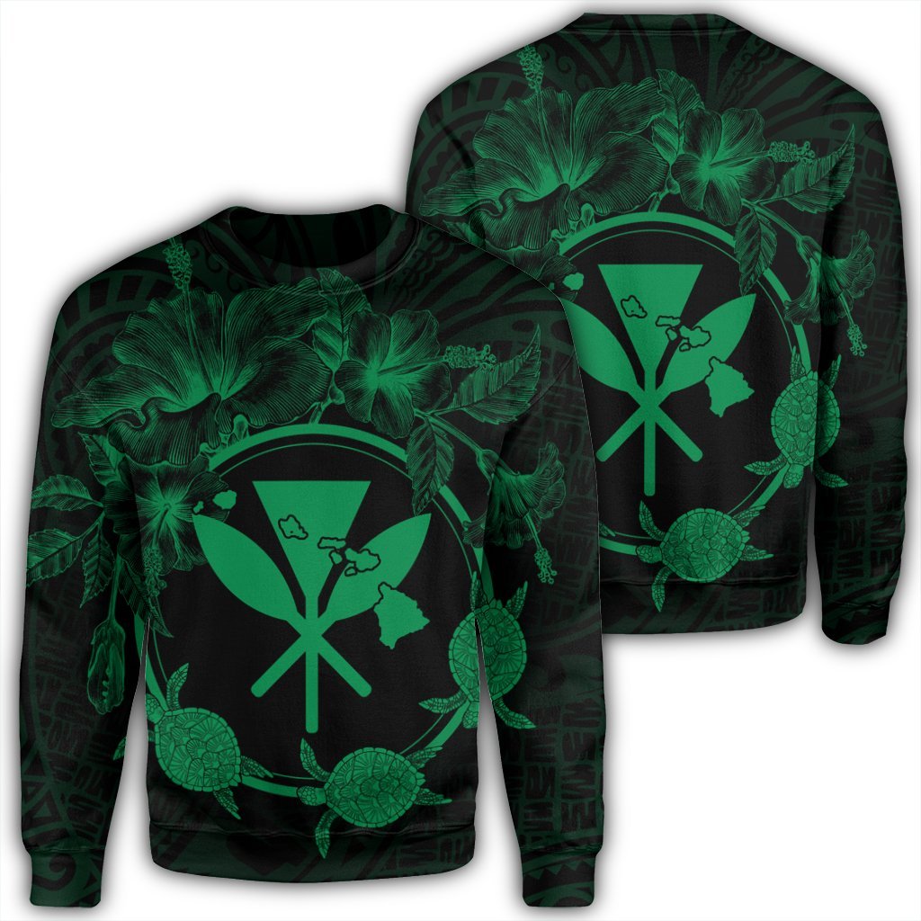 Hawaii Kanaka Turtle Hibiscus Polynesian Sweatshirt - Anthea Style Green - AH Unisex Black - Polynesian Pride