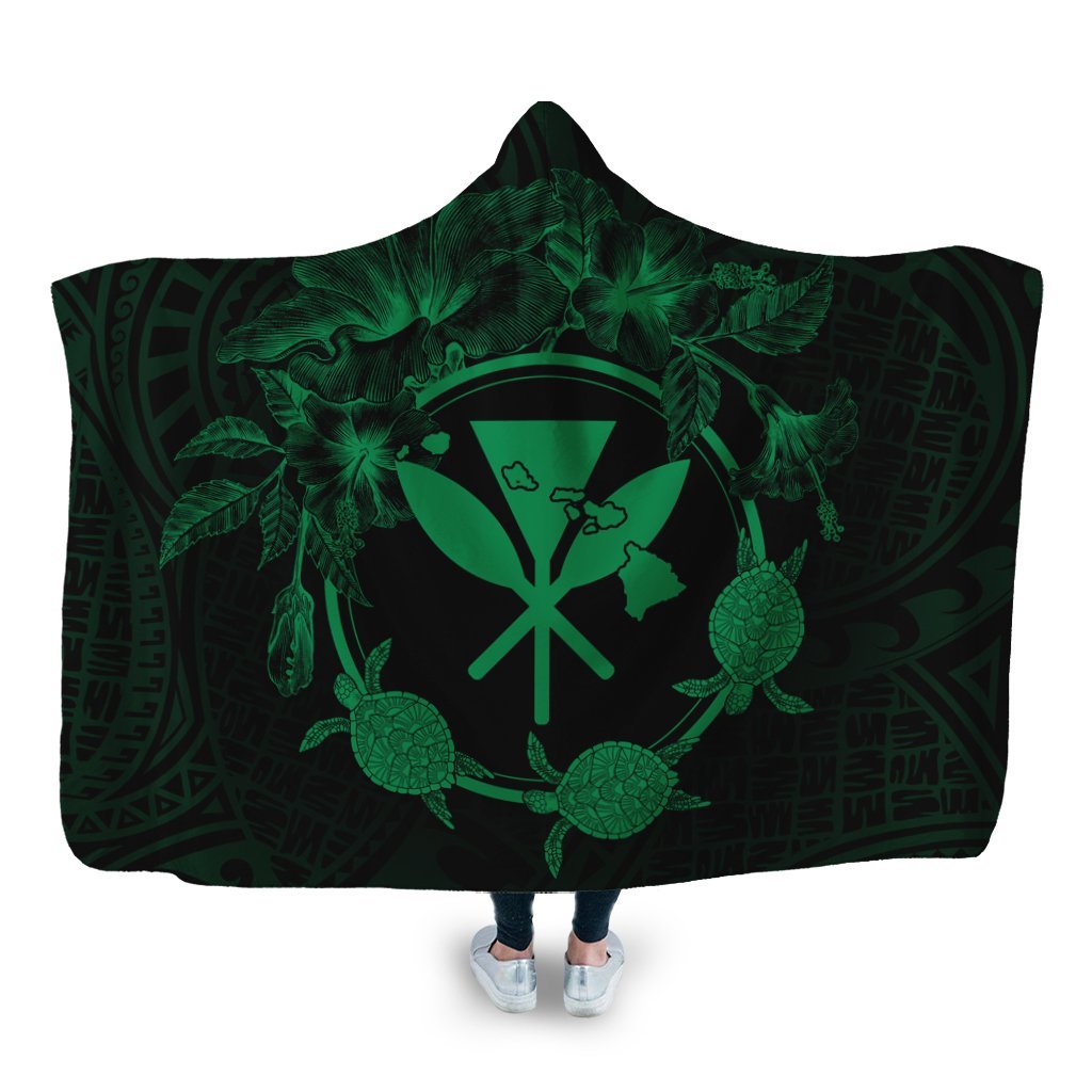 Hawaii Kanaka Turtle Hibiscus Polynesian Hooded Blanket - Anthea Style Green - AH Hooded Blanket White - Polynesian Pride