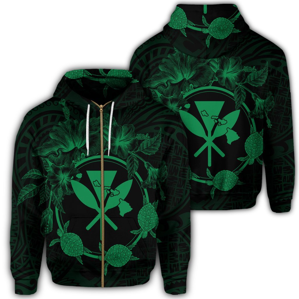 Hawaii Kanaka Turtle Hibiscus Polynesian Zip Hoodie Anthea Style Green Unisex Art - Polynesian Pride