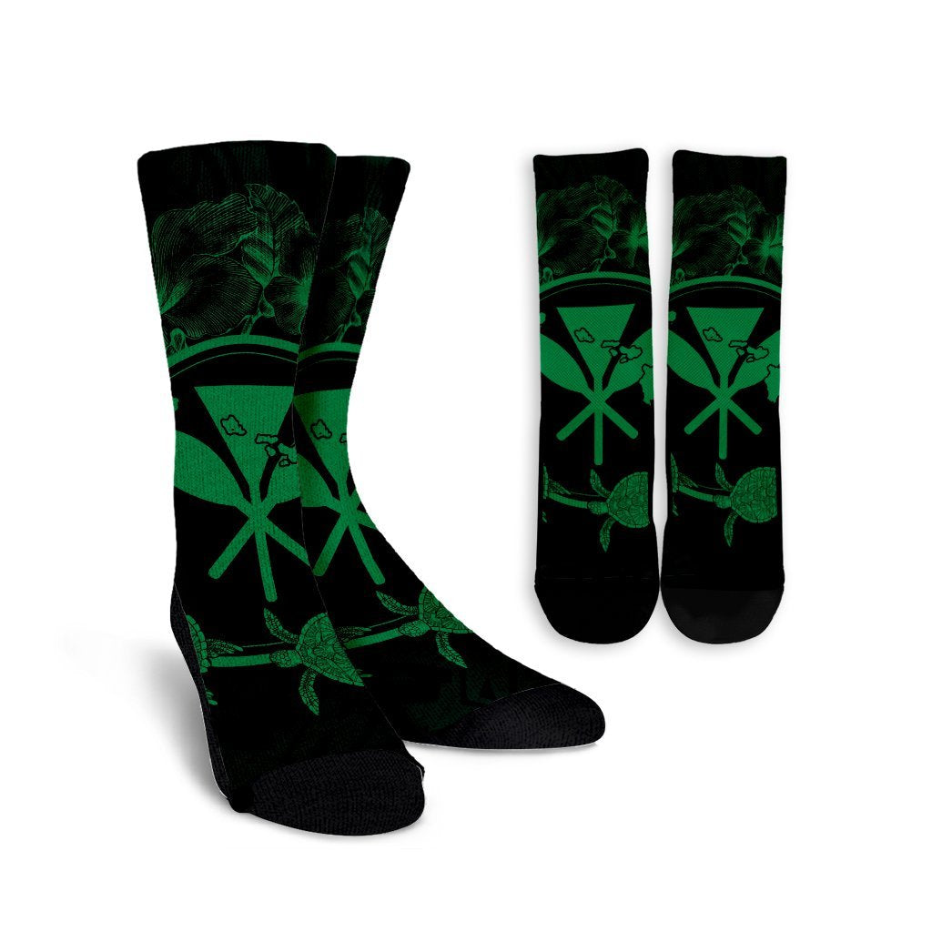 Hawaii Kanaka Turtle Hibiscus Polynesian Crew Socks - Anthea Style Green - AH Crew Socks White - Polynesian Pride