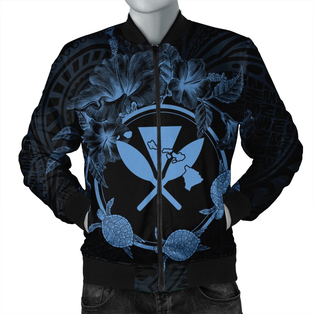 Hawaii Kanaka Turtle Hibiscus Polynesian Bomber Jacket - Anthea Style Pastel Blue - AH Black Unisex - Polynesian Pride