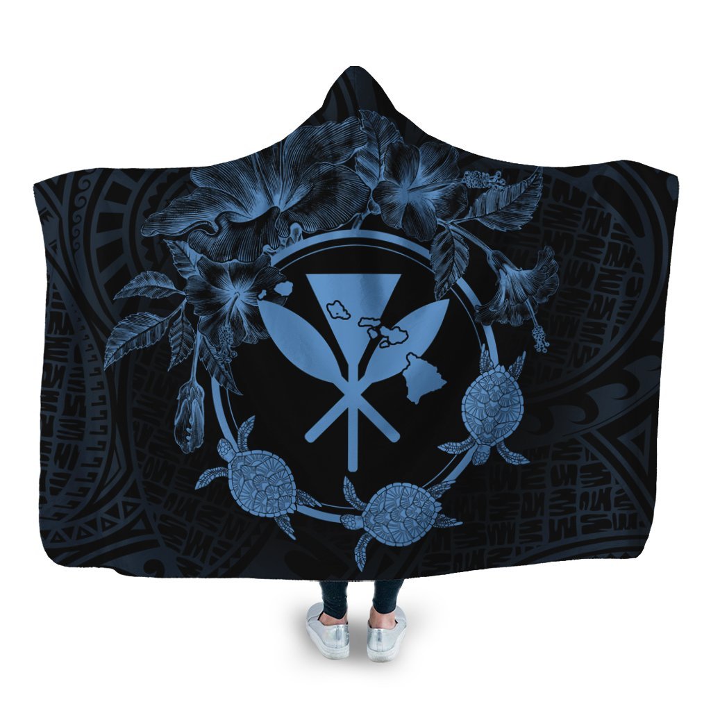 Hawaii Kanaka Turtle Hibiscus Polynesian Hooded Blanket - Anthea Style Pastel Blue - AH Hooded Blanket White - Polynesian Pride