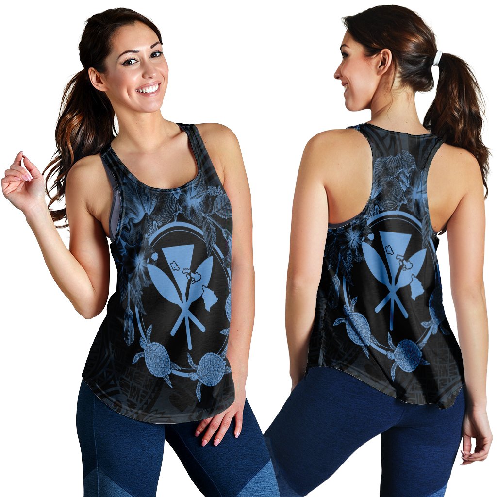 Hawaii Kanaka Turtle Hibiscus Polynesian Racerback Tank - Anthea Style Pastel Blue - AH Black - Polynesian Pride