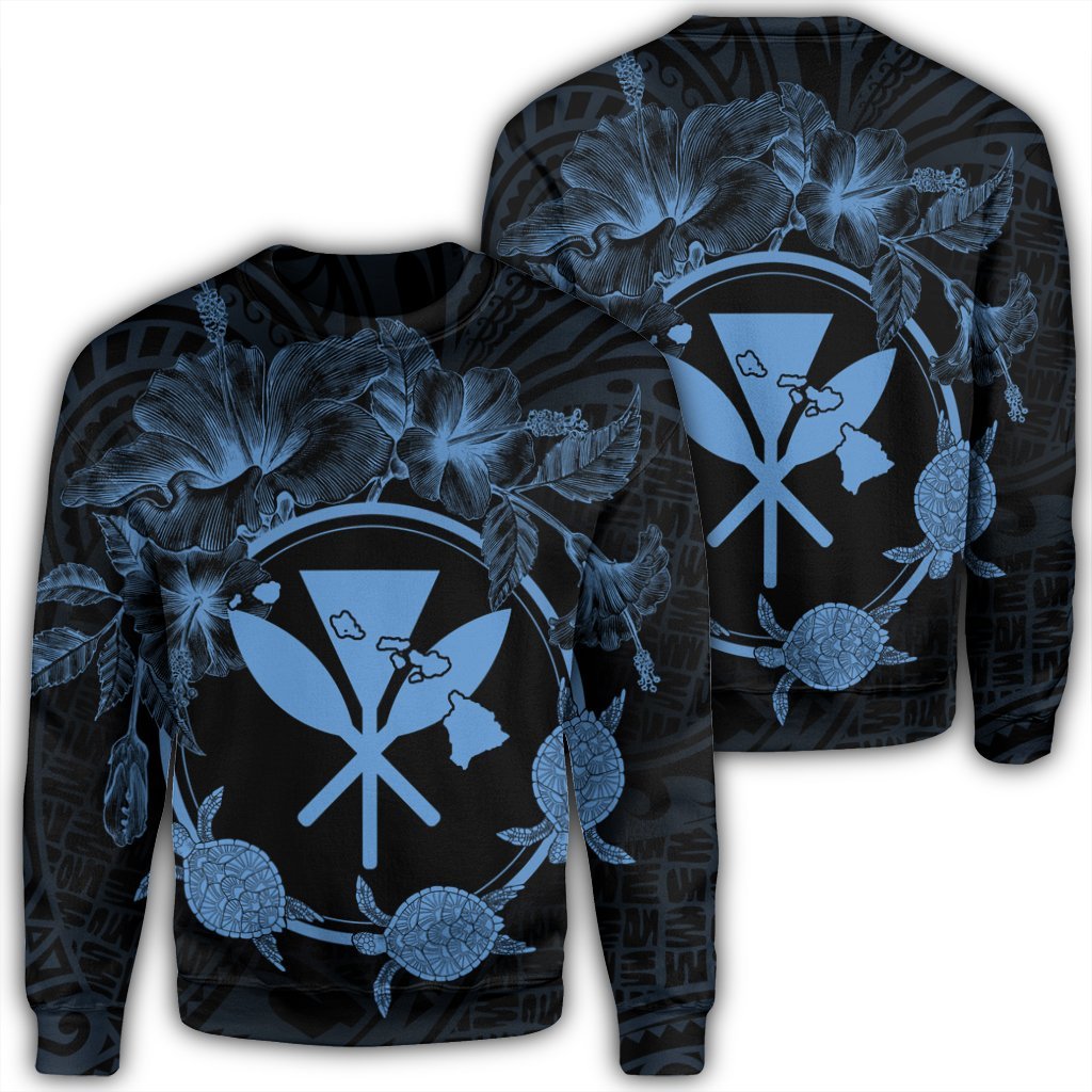 Hawaii Kanaka Turtle Hibiscus Polynesian Sweatshirt - Anthea Style Pastel Blue - AH Unisex Black - Polynesian Pride