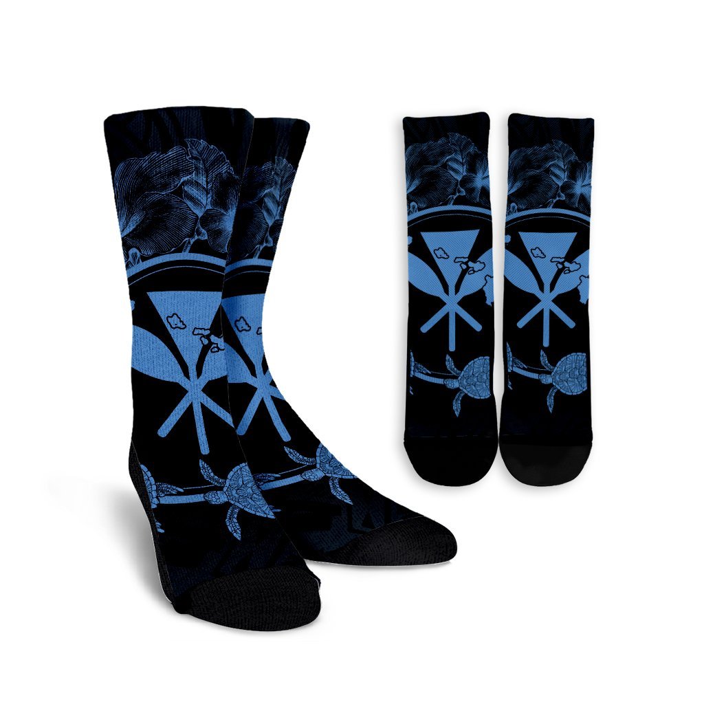 Hawaii Kanaka Turtle Hibiscus Polynesian Crew Socks - Anthea Style Pastel Blue - AH Crew Socks White - Polynesian Pride