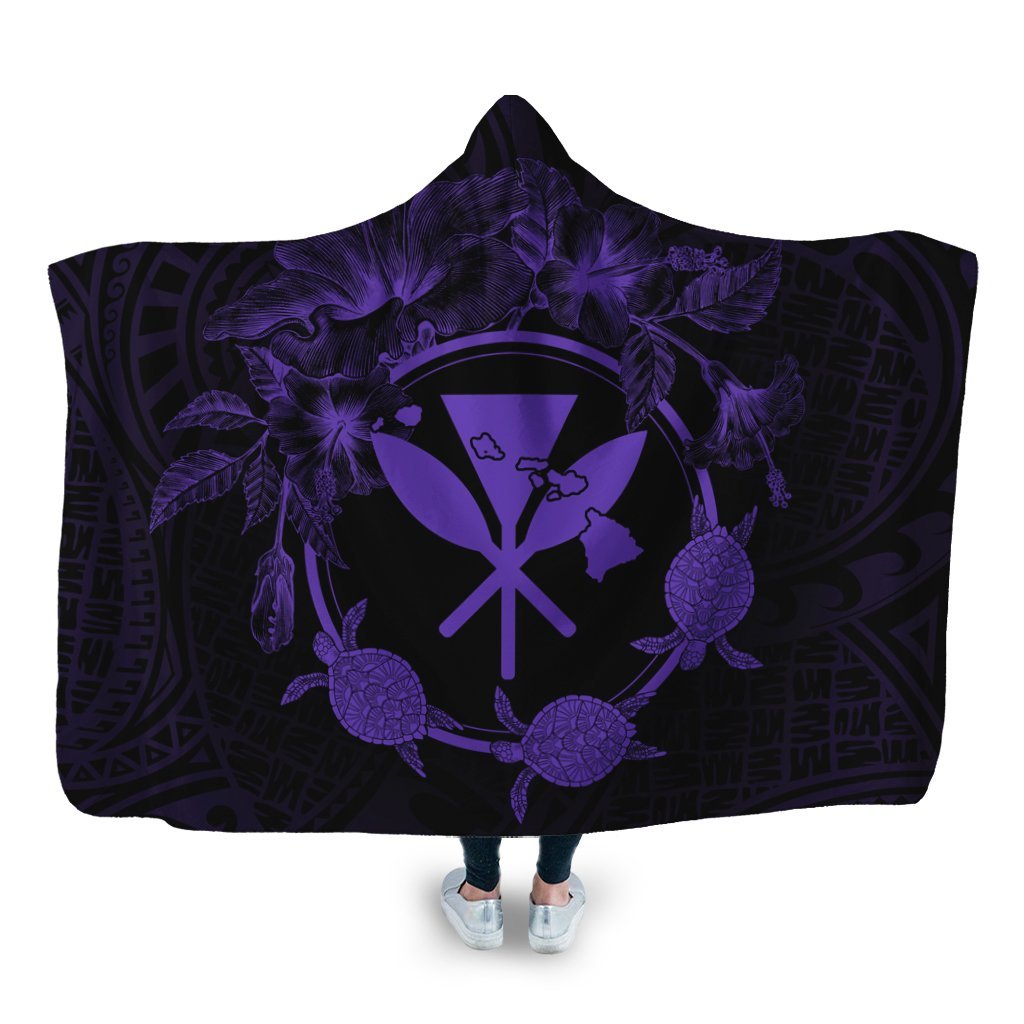 Hawaii Kanaka Turtle Hibiscus Polynesian Hooded Blanket - Anthea Style Purple - AH Hooded Blanket White - Polynesian Pride