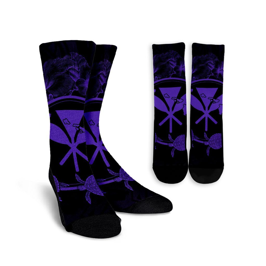 Hawaii Kanaka Turtle Hibiscus Polynesian Crew Socks - Anthea Style Purple - AH Crew Socks White - Polynesian Pride