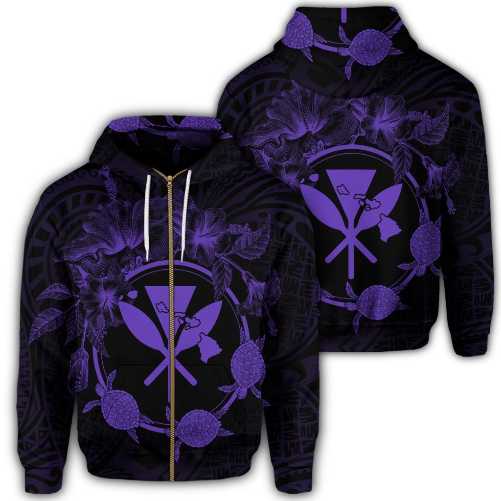 Hawaii Kanaka Turtle Hibiscus Polynesian Zip Hoodie Anthea Style Purple Unisex Art - Polynesian Pride