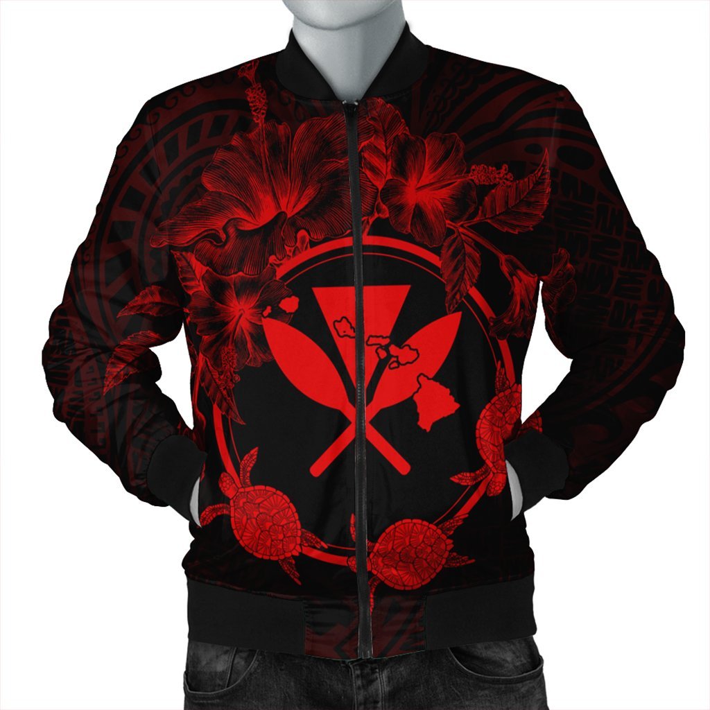 Hawaii Kanaka Turtle Hibiscus Polynesian Bomber Jacket - Anthea Style Red - AH Black Unisex - Polynesian Pride