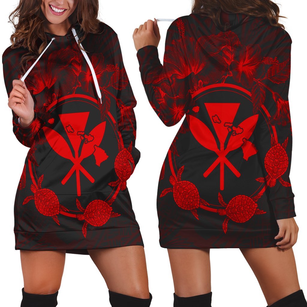 Hawaii Kanaka Turtle Hibiscus Polynesian Hoodie Dress - Anthea Style Red - AH Black - Polynesian Pride