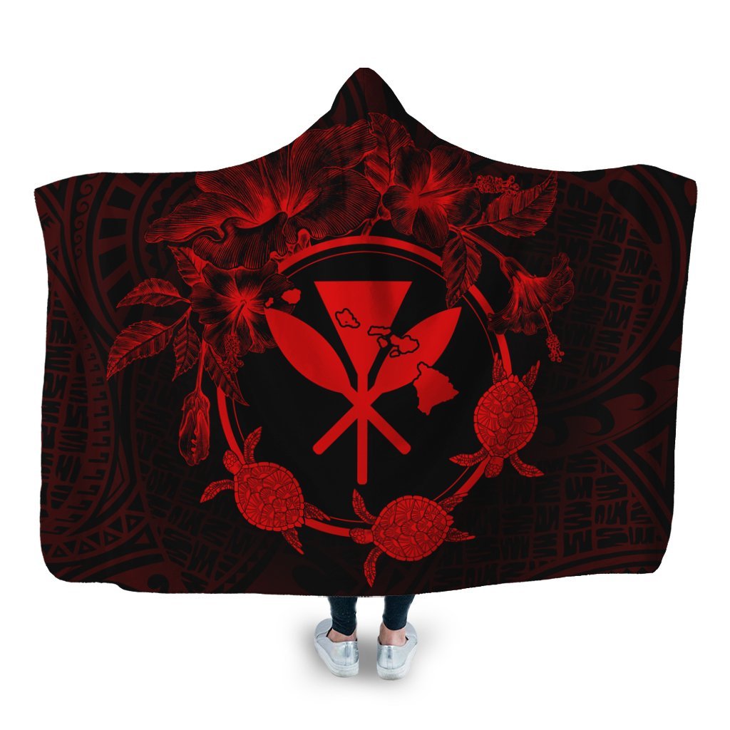 Hawaii Kanaka Turtle Hibiscus Polynesian Hooded Blanket - Anthea Style Red - AH Hooded Blanket White - Polynesian Pride