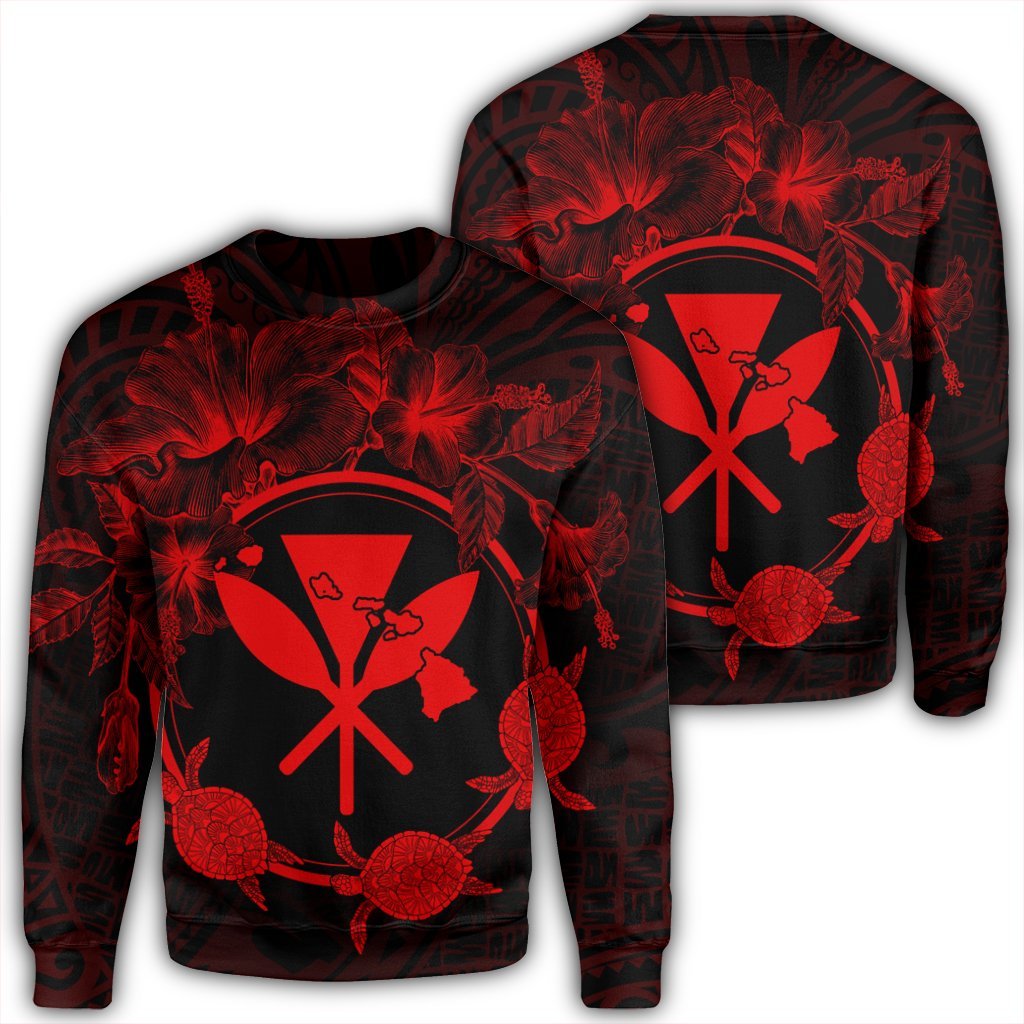 Hawaii Kanaka Turtle Hibiscus Polynesian Sweatshirt - Anthea Style Red - AH Unisex Black - Polynesian Pride