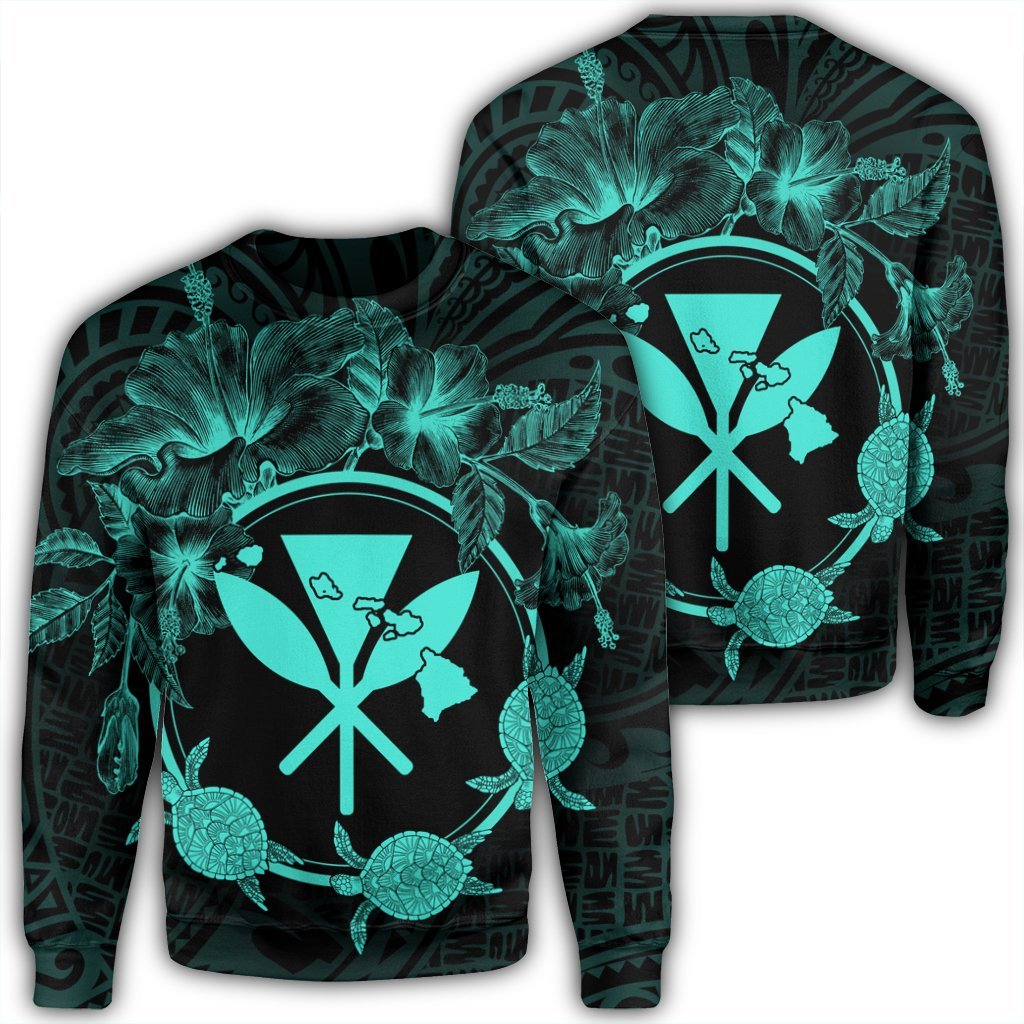 Hawaii Kanaka Turtle Hibiscus Polynesian Sweatshirt - Anthea Style Turquoise - AH Unisex Black - Polynesian Pride