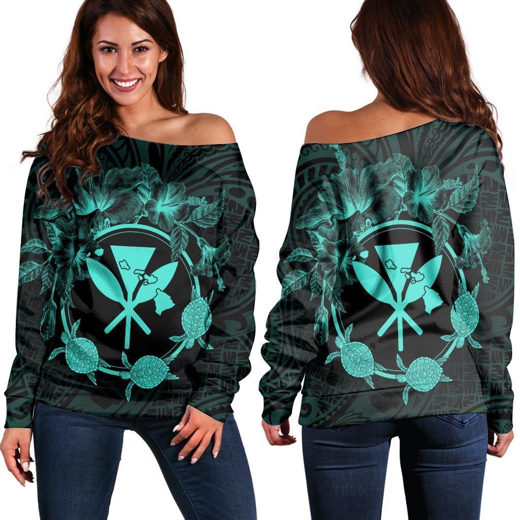 Hawaii Kanaka Turtle Hibiscus Polynesian Women's Off Shoulder Sweater - Anthea Style Turquoise - AH Black - Polynesian Pride