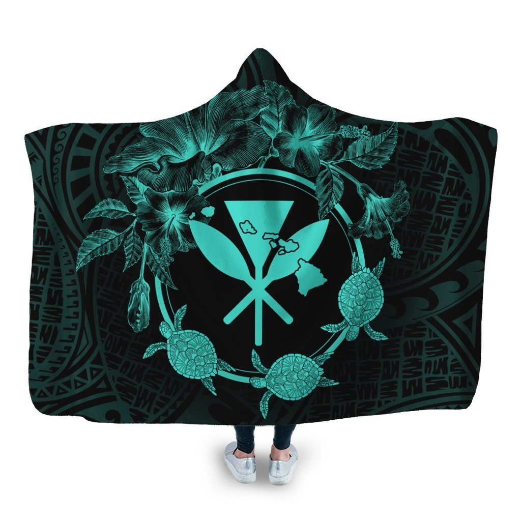 Hawaii Kanaka Turtle Hibiscus Polynesian Hooded Blanket - Anthea Style Turquoise - AH Hooded Blanket White - Polynesian Pride