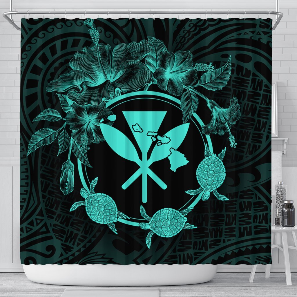 Hawaii Kanaka Turtle Hibiscus Polynesian Shower Curtain - Anthea Style Turquoise - AH 177 x 172 (cm) Black - Polynesian Pride