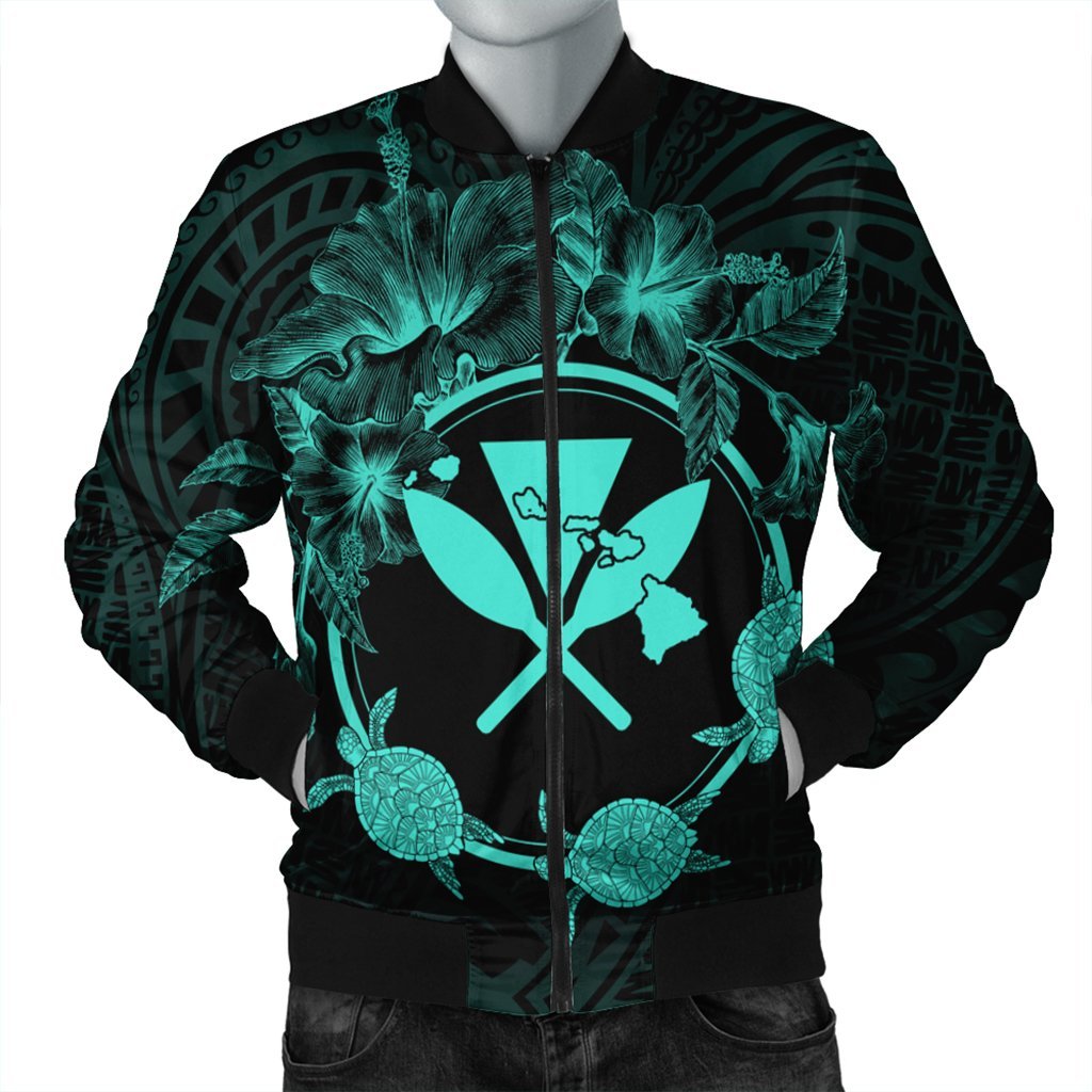 Hawaii Kanaka Turtle Hibiscus Polynesian Bomber Jacket - Anthea Style Turquoise - AH Black Unisex - Polynesian Pride