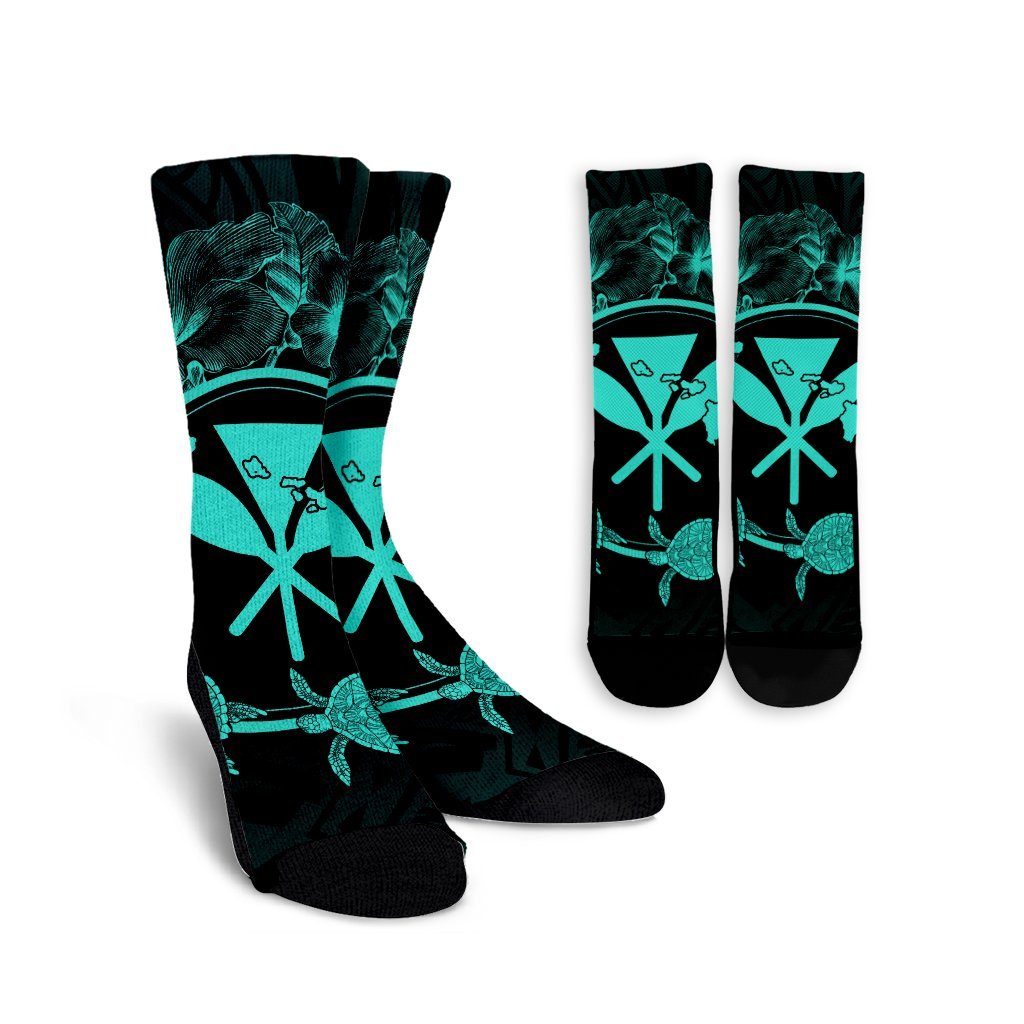 Hawaii Kanaka Turtle Hibiscus Polynesian Crew Socks - Anthea Style Turquoise - AH Crew Socks White - Polynesian Pride