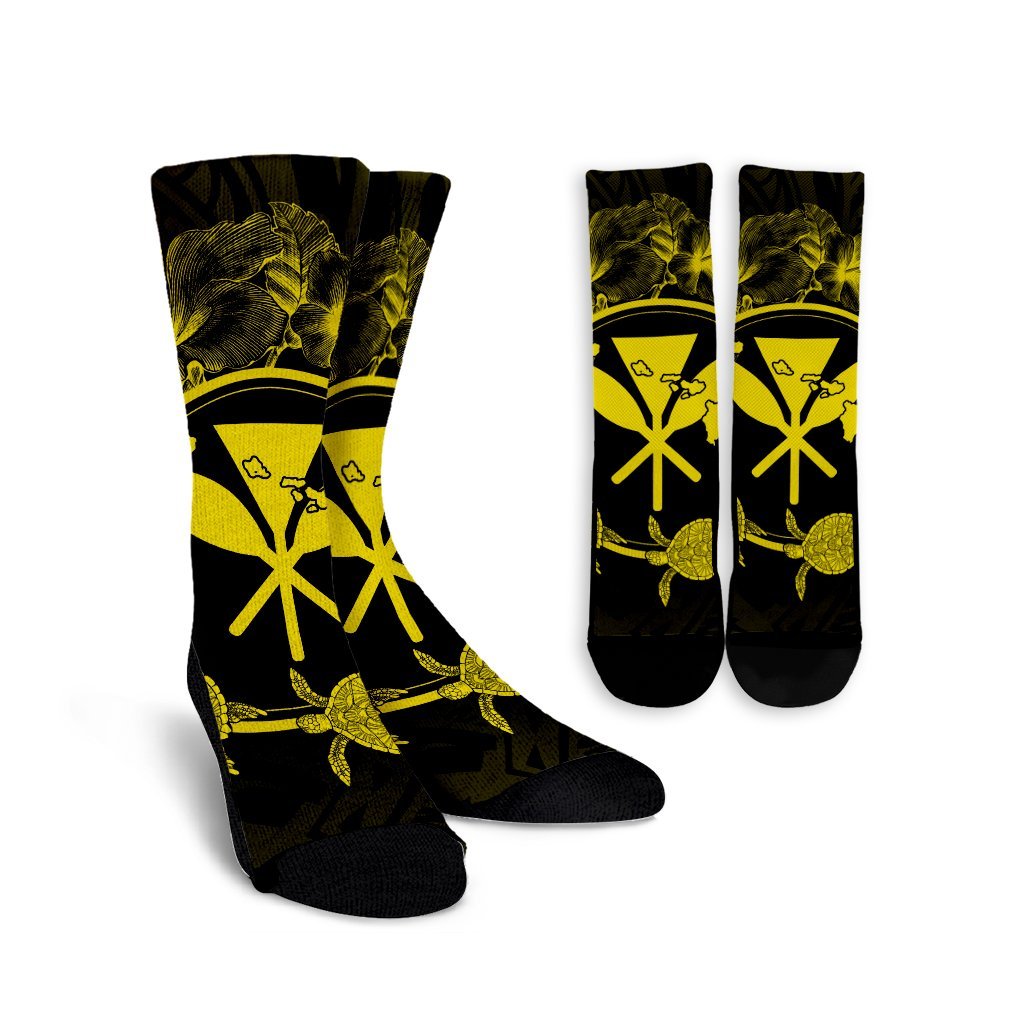 Hawaii Kanaka Turtle Hibiscus Polynesian Crew Socks - Anthea Style Yellow - AH Crew Socks White - Polynesian Pride