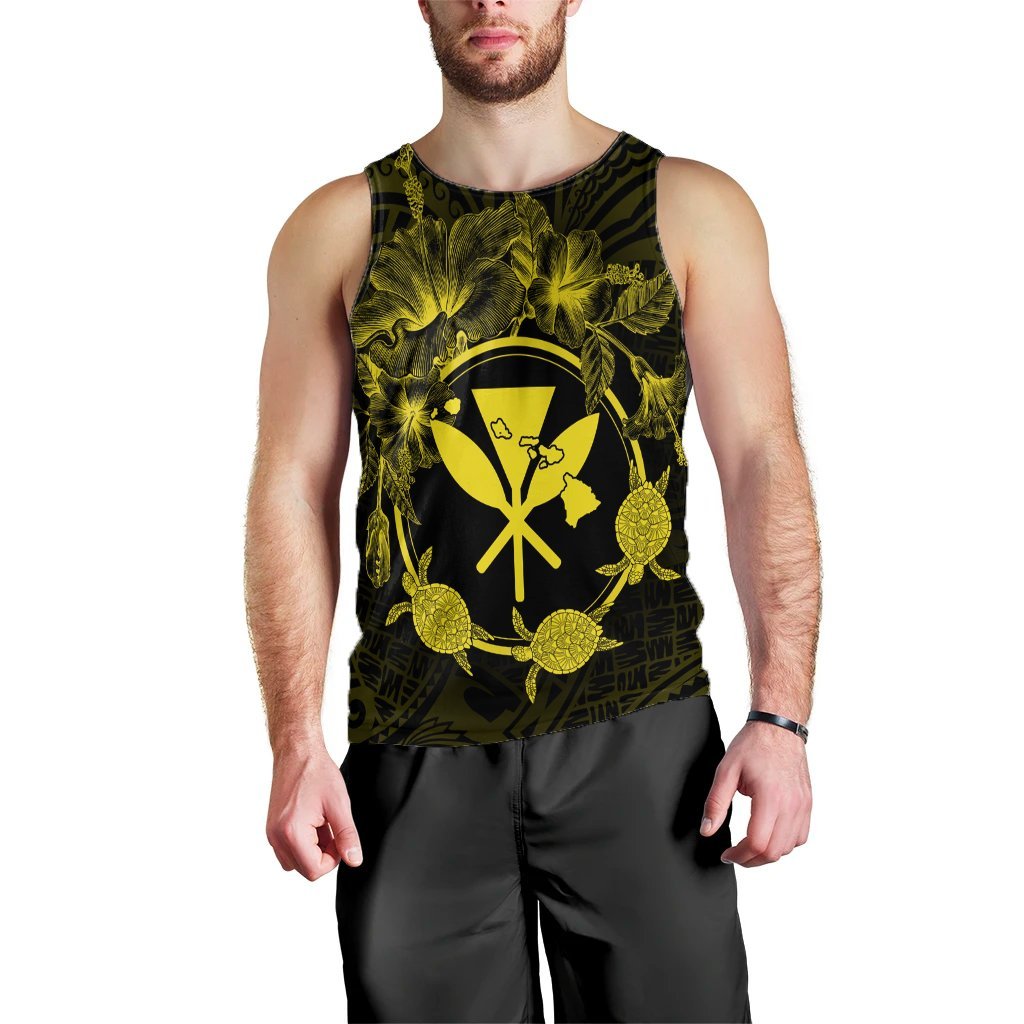 Hawaii Kanaka Turtle Hibiscus Polynesian Tank Top - Anthea Style Yellow - AH Black - Polynesian Pride