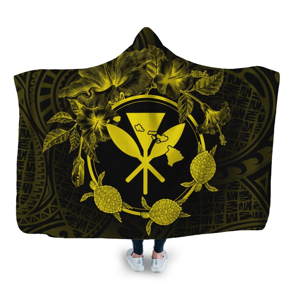 Hawaii Kanaka Turtle Hibiscus Polynesian Hooded Blanket - Anthea Style Yellow - AH Hooded Blanket White - Polynesian Pride