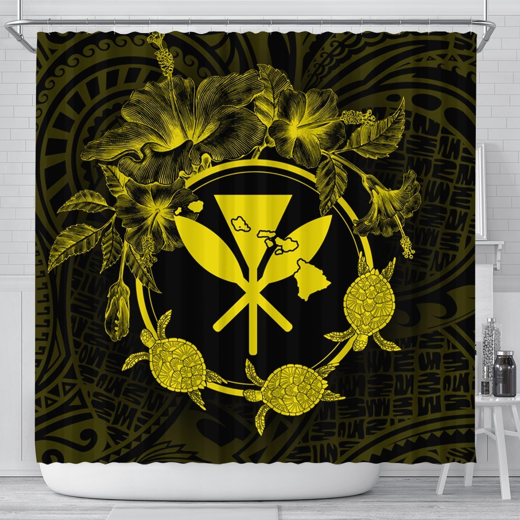 Hawaii Kanaka Turtle Hibiscus Polynesian Shower Curtain - Anthea Style Yellow - AH 177 x 172 (cm) Black - Polynesian Pride