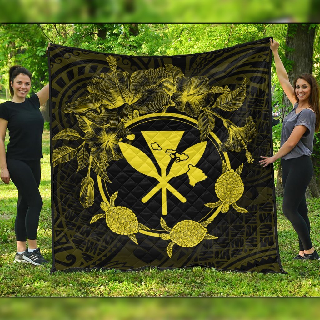 Hawaii Kanaka Turtle Hibiscus Polynesian Premium Quilts - Anthea Style Yellow - AH Black - Polynesian Pride