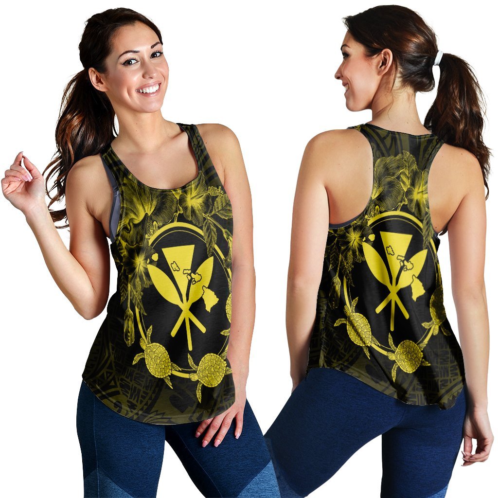 Hawaii Kanaka Turtle Hibiscus Polynesian Racerback Tank - Anthea Style Yellow - AH Black - Polynesian Pride