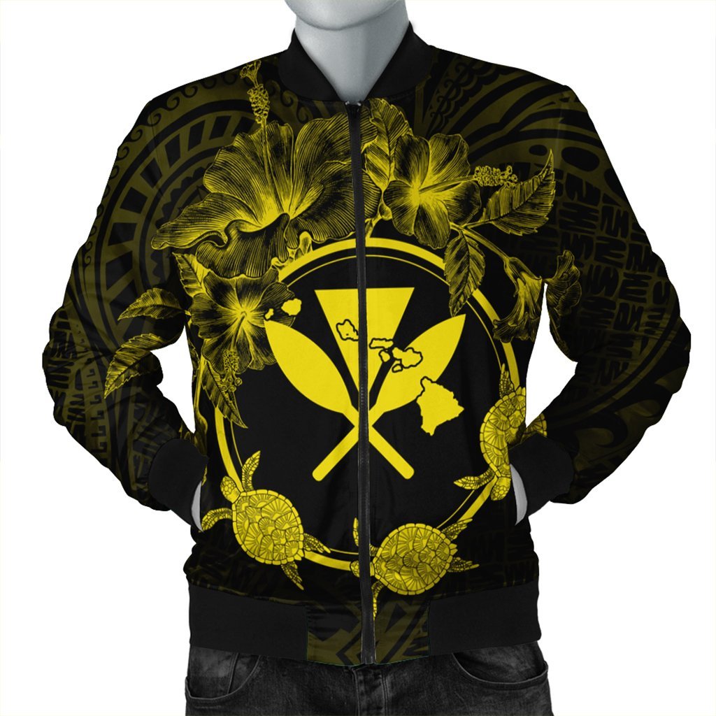 Hawaii Kanaka Turtle Hibiscus Polynesian Bomber Jacket - Anthea Style Yellow - AH Black Unisex - Polynesian Pride