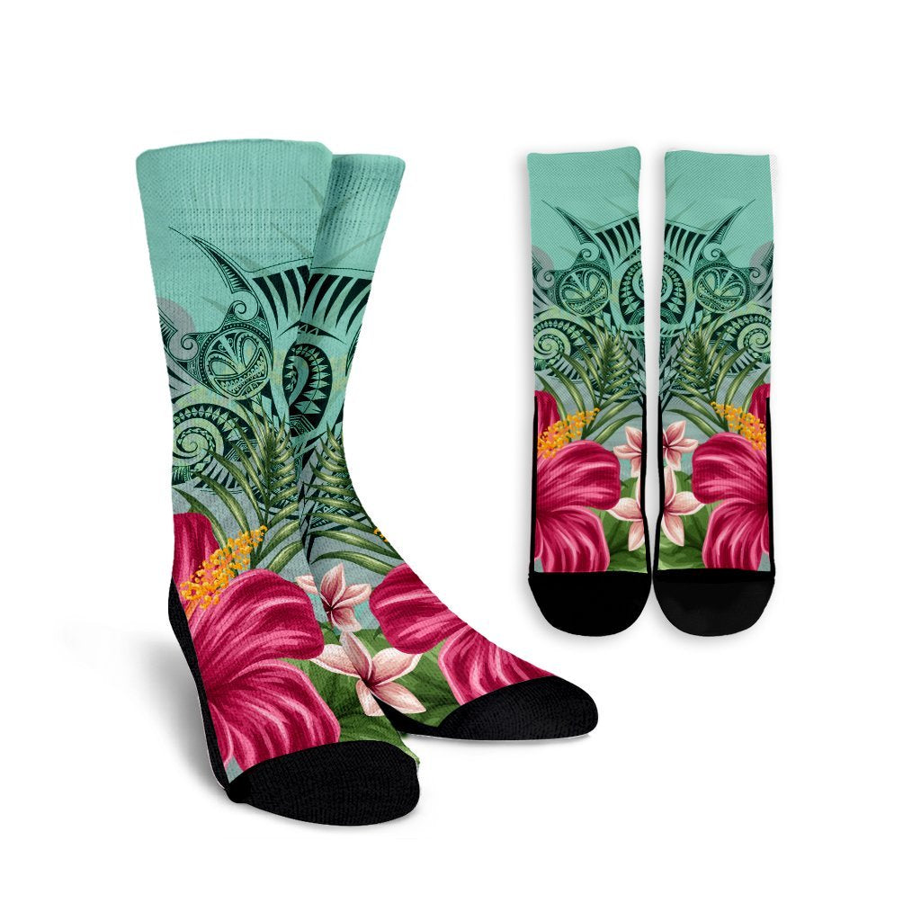 Hawaii Manta Ray Tropical Hibiscus Plumeria Crew Socks - AH Crew Socks White - Polynesian Pride