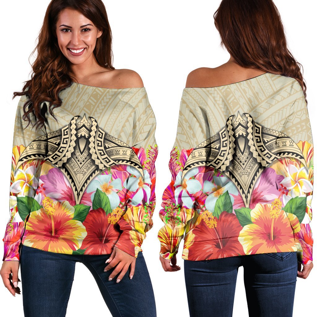 Hawaii Manta Ray Tropical Hibiscus Plumeria Polynesian Women's Off Shoulder Sweater - AH Black - Polynesian Pride