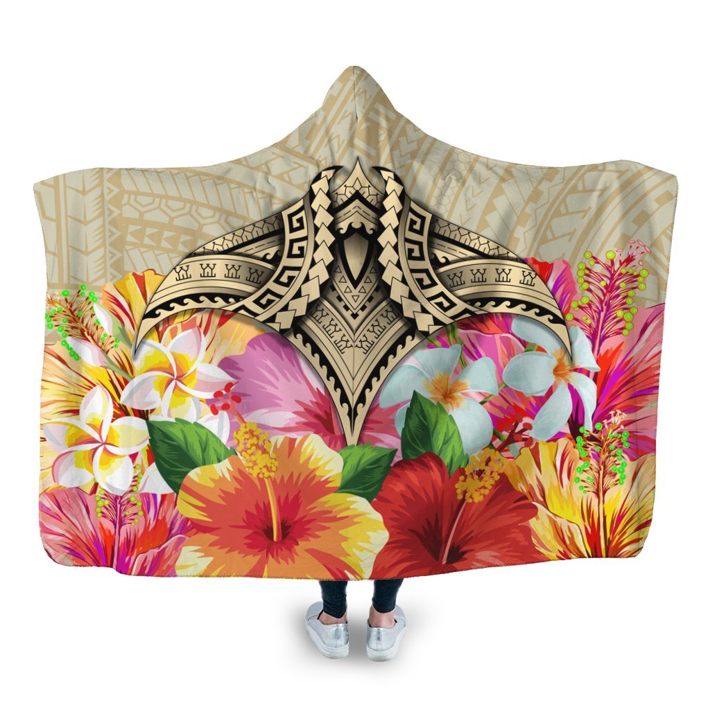 Hawaii Manta Ray Tropical Hibiscus Plumeria Polynesian Hooded Blanket - AH Hooded Blanket White - Polynesian Pride