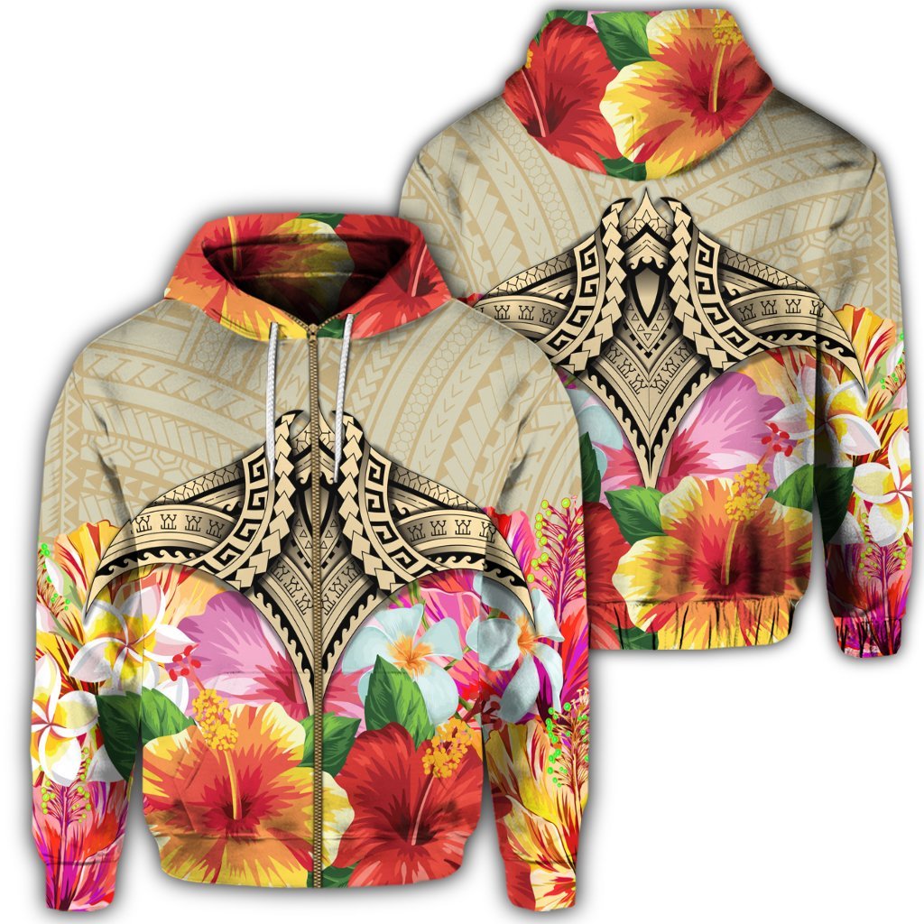 Hawaii Manta Ray Tropical Hibiscus Plumeria Polynesian Zip Hoodie Unisex Art - Polynesian Pride