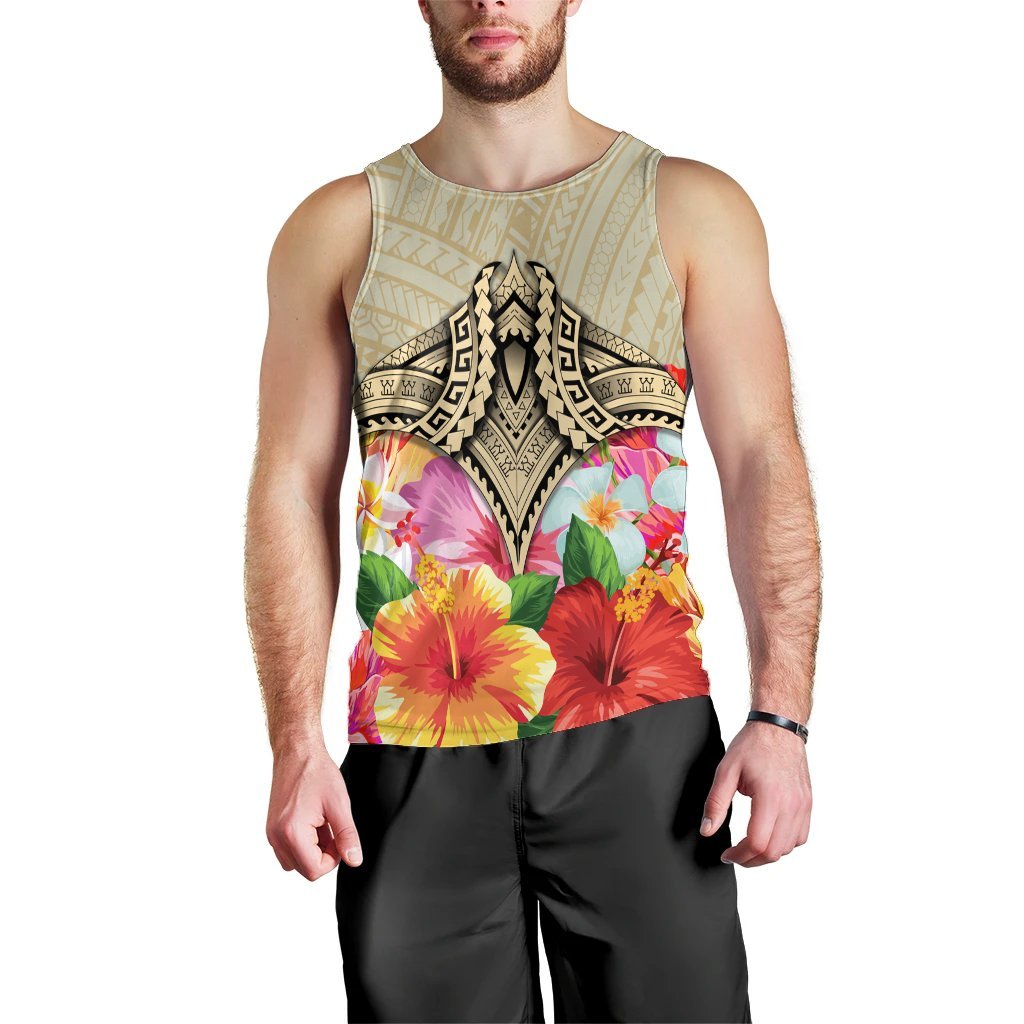 Hawaii Manta Ray Tropical Hibiscus Plumeria Polynesian Tank Top - AH Black - Polynesian Pride