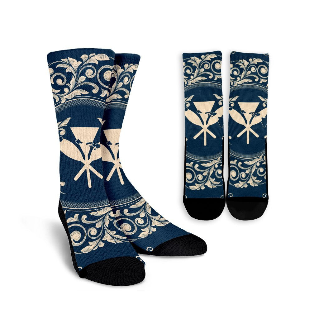 Hawaii Map Classic Floral Crew Socks Blue - AH Crew Socks White - Polynesian Pride